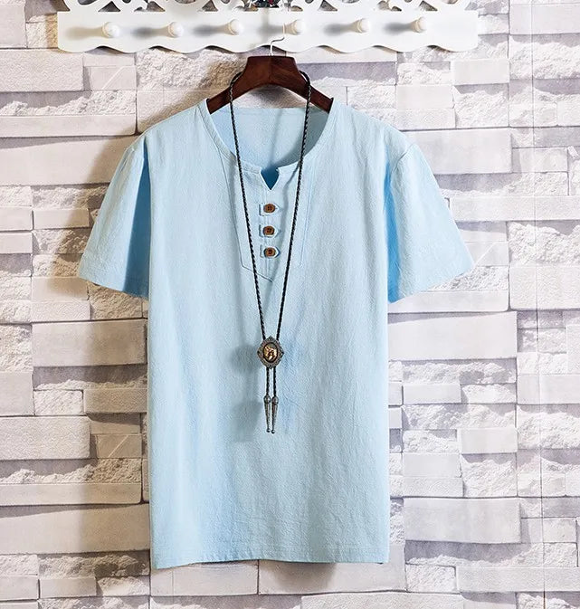Men's Button Loose Shirts Casual Male V Neck Short Sleeve Harajuku Linen T-shirt Tops ZJFS-1901