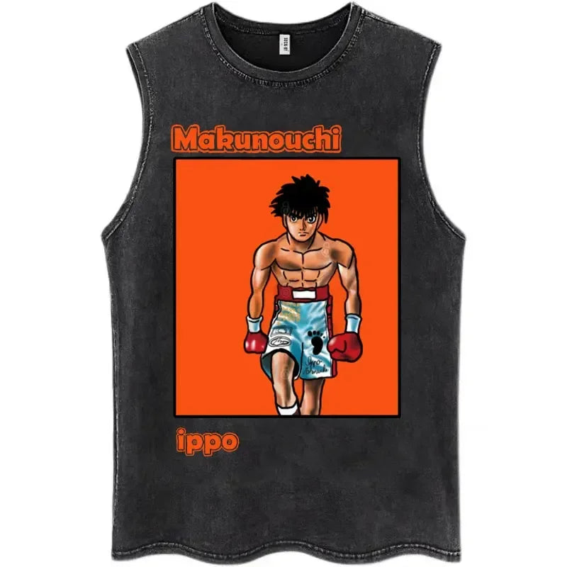 Anime Hajime No Ippo Kamogawa Boxing Gym Washed Sleeveless T-Shirt Makunouchi KGB T-Shirts Men Women 100% Cotton Tank Tops Male