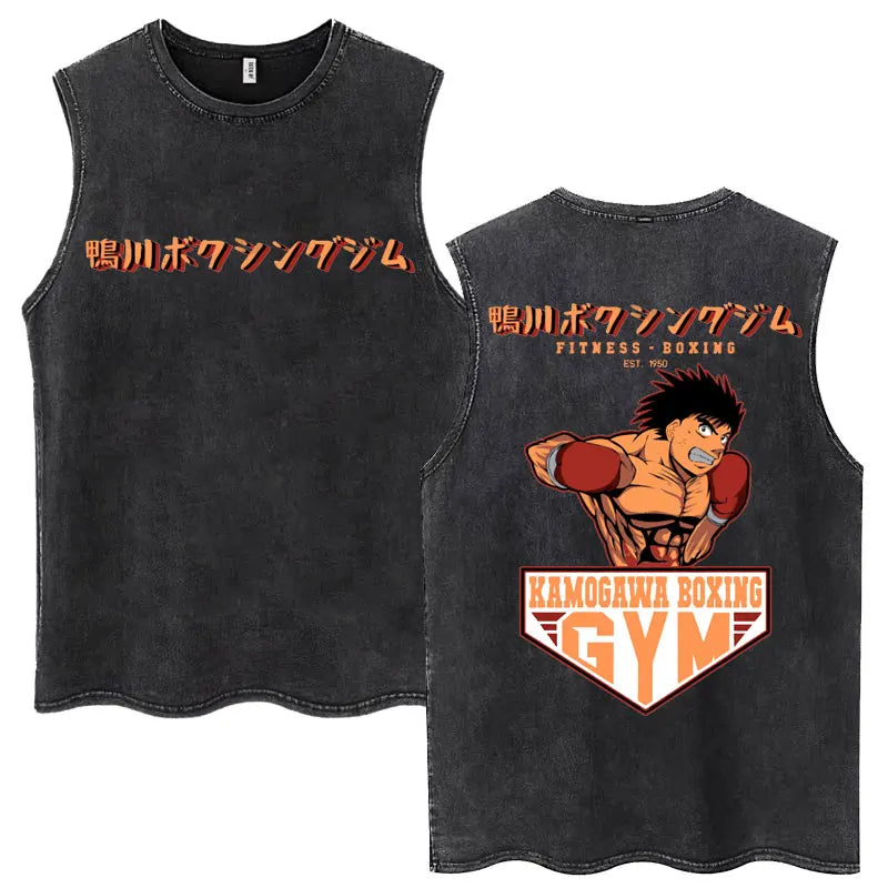 Anime Hajime No Ippo Kamogawa Boxing Gym Washed Sleeveless T-Shirt Makunouchi KGB T-Shirts Men Women 100% Cotton Tank Tops Male
