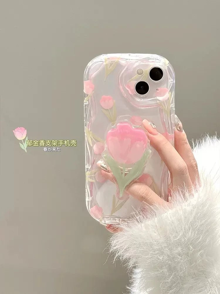 Phone Case For Realme 10 4G 11 Pro Plus C21Y C30 C31 C11 C55 C53 C35 C33 6 7 8 8i 9i Tulip Printing Grip Holder Wave Cover