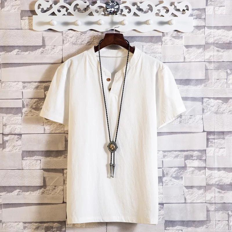 Men's Button Loose Shirts Casual Male V Neck Short Sleeve Harajuku Linen T-shirt Tops ZJFS-1901