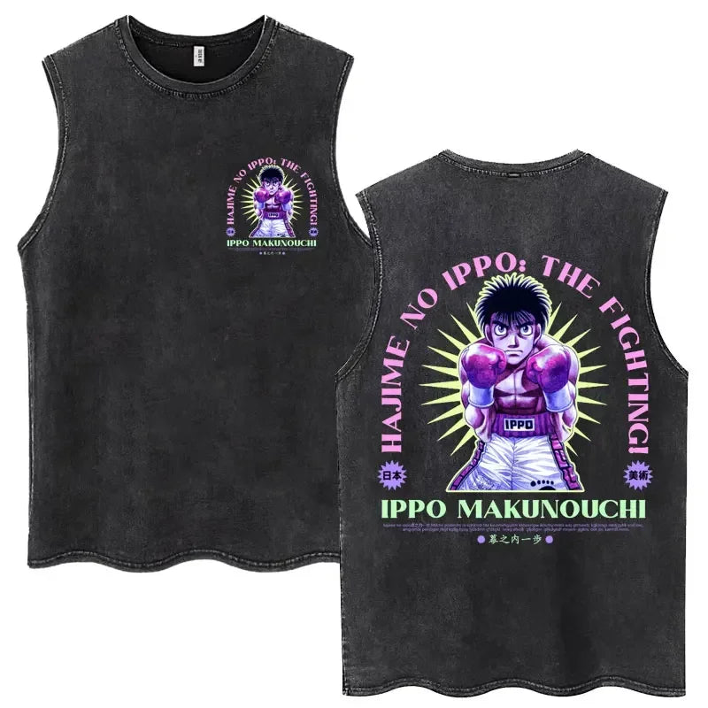 Anime Hajime No Ippo Kamogawa Boxing Gym Washed Sleeveless T-Shirt Makunouchi KGB T-Shirts Men Women 100% Cotton Tank Tops Male