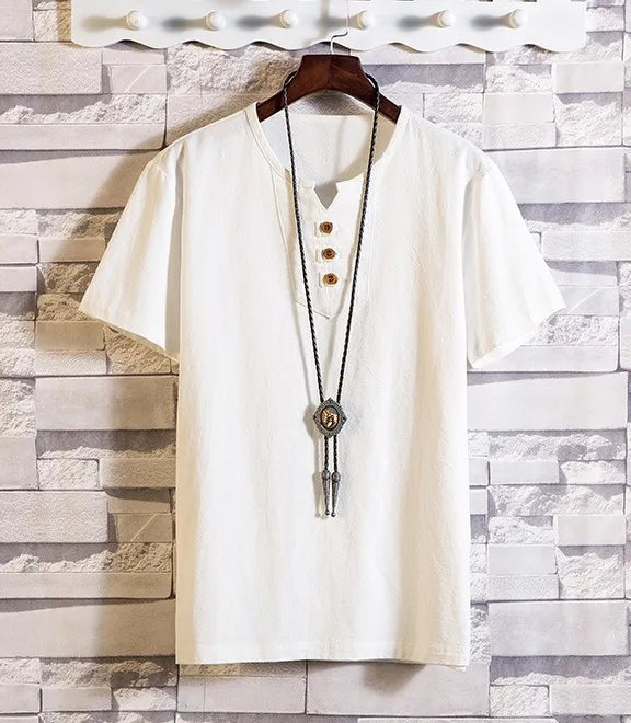 Men's Button Loose Shirts Casual Male V Neck Short Sleeve Harajuku Linen T-shirt Tops ZJFS-1901