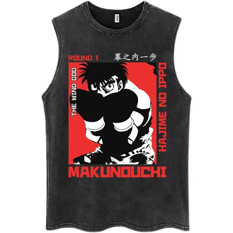 Anime Hajime No Ippo Kamogawa Boxing Gym Washed Sleeveless T-Shirt Makunouchi KGB T-Shirts Men Women 100% Cotton Tank Tops Male