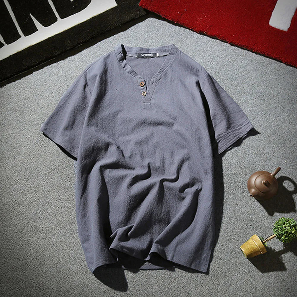Men's Button Loose Shirts Casual Male V Neck Short Sleeve Harajuku Linen T-shirt Tops ZJFS-1901