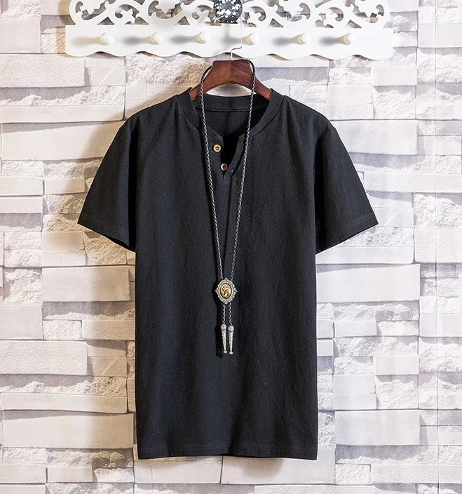 Men's Button Loose Shirts Casual Male V Neck Short Sleeve Harajuku Linen T-shirt Tops ZJFS-1901