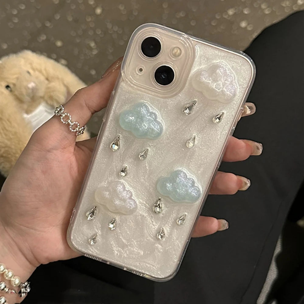 INS Cute Plating Raindrop Cloud Glitter Phone Case For iPhone 16 15 14 13 Pro Max 12 11 X XS XR Korea Lens Protection Soft Cover