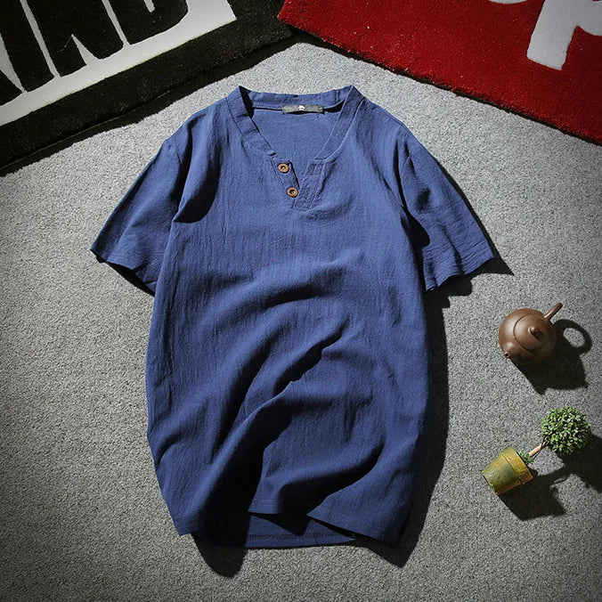 Men's Button Loose Shirts Casual Male V Neck Short Sleeve Harajuku Linen T-shirt Tops ZJFS-1901