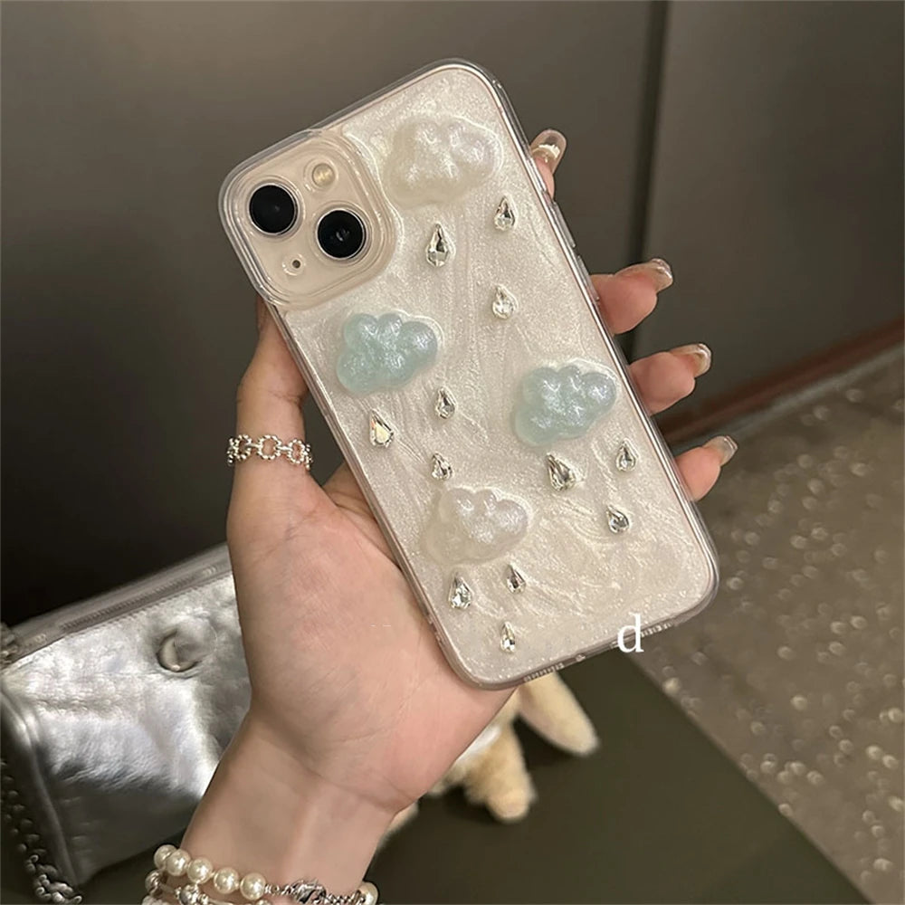 INS Cute Plating Raindrop Cloud Glitter Phone Case For iPhone 16 15 14 13 Pro Max 12 11 X XS XR Korea Lens Protection Soft Cover