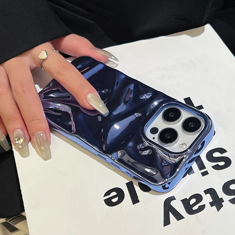 Plating Blue Glossy Water Ripple Phone Case For iPhone 17 Air 16 15 14 13 12 11 Pro Max 16 Plus Soft Shockproof Back Cover