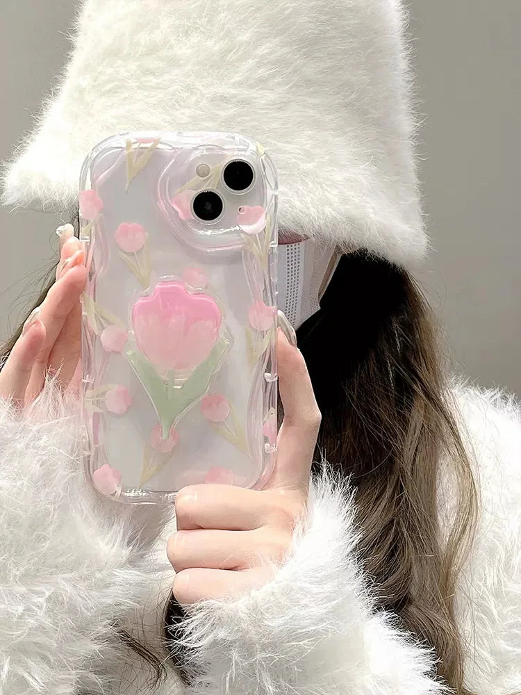 Phone Case For Realme 10 4G 11 Pro Plus C21Y C30 C31 C11 C55 C53 C35 C33 6 7 8 8i 9i Tulip Printing Grip Holder Wave Cover