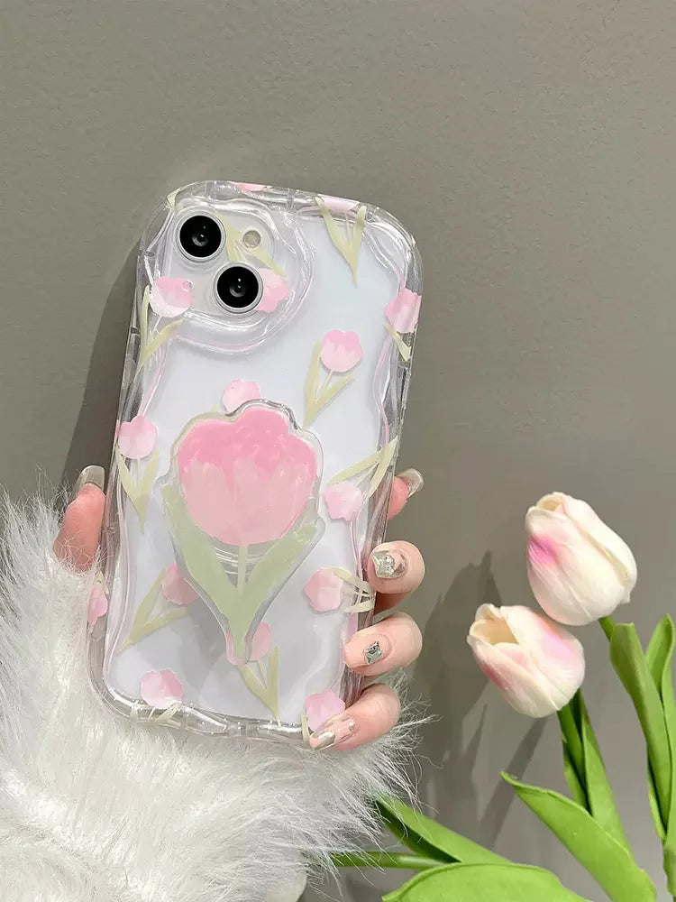 Phone Case For Realme 10 4G 11 Pro Plus C21Y C30 C31 C11 C55 C53 C35 C33 6 7 8 8i 9i Tulip Printing Grip Holder Wave Cover