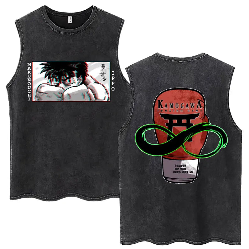 Anime Hajime No Ippo Kamogawa Boxing Gym Washed Sleeveless T-Shirt Makunouchi KGB T-Shirts Men Women 100% Cotton Tank Tops Male