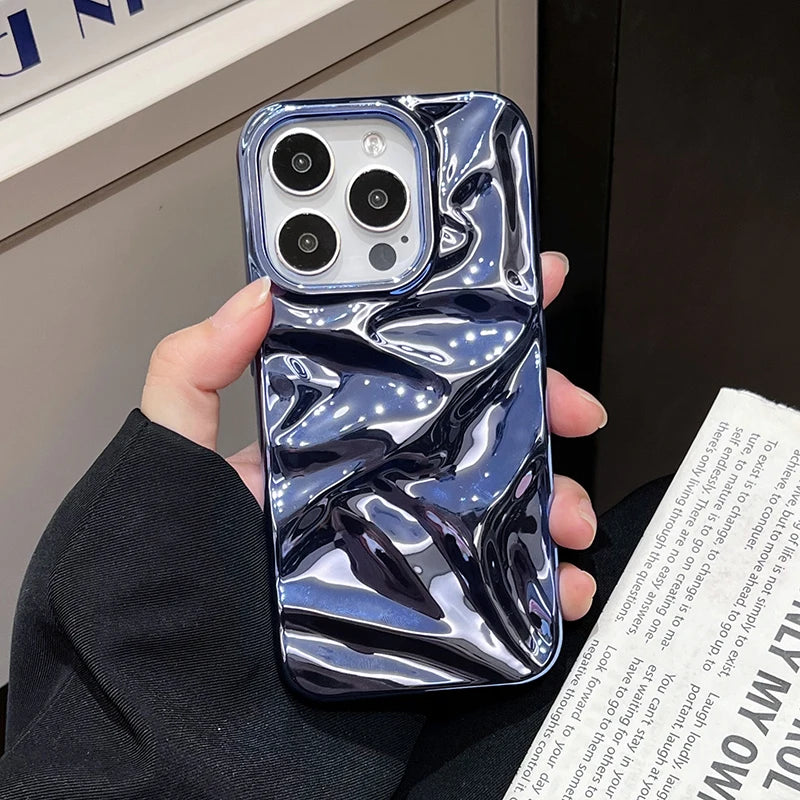 Plating Blue Glossy Water Ripple Phone Case For iPhone 17 Air 16 15 14 13 12 11 Pro Max 16 Plus Soft Shockproof Back Cover