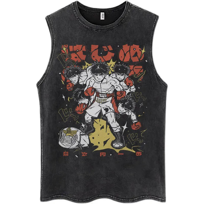 Anime Hajime No Ippo Kamogawa Boxing Gym Washed Sleeveless T-Shirt Makunouchi KGB T-Shirts Men Women 100% Cotton Tank Tops Male