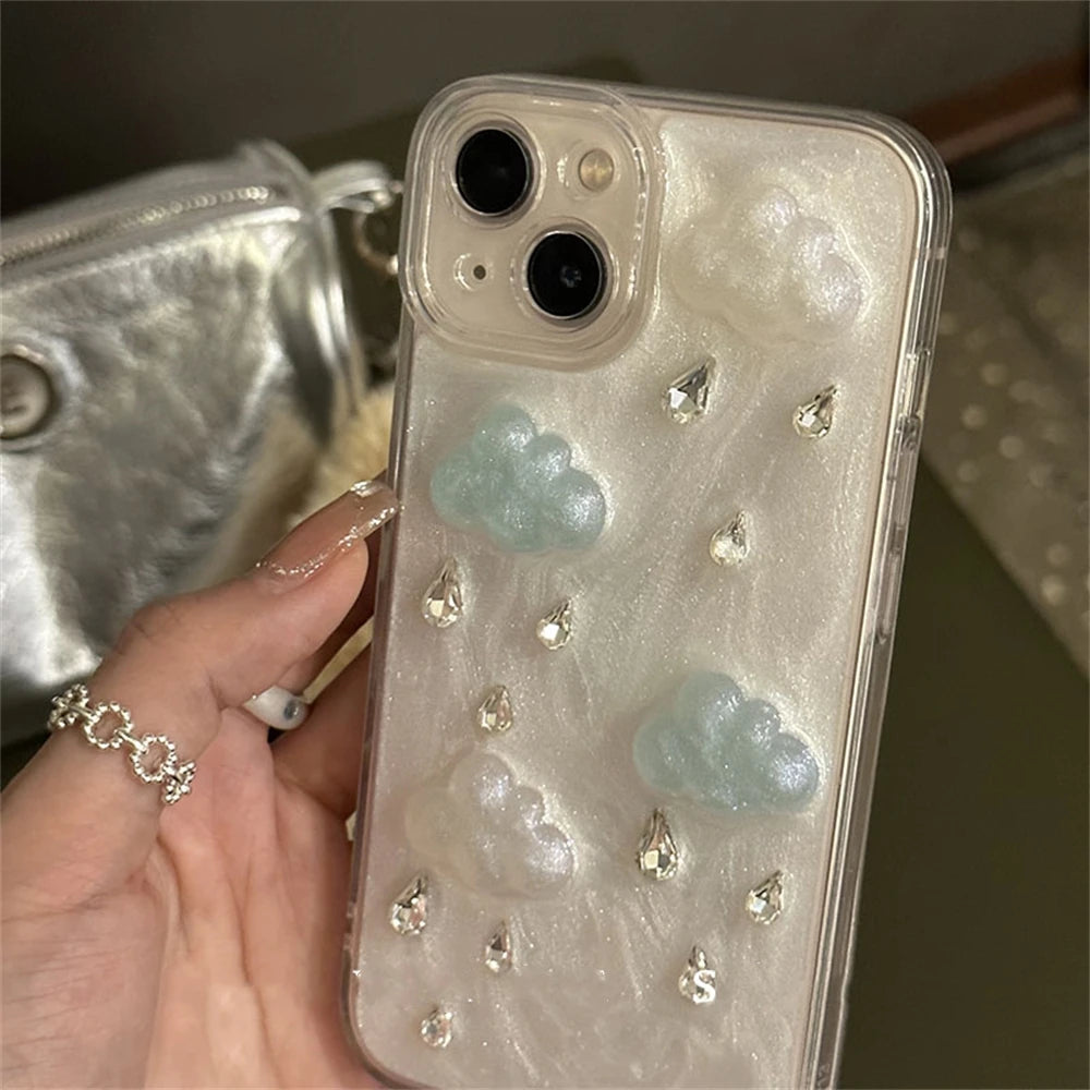 INS Cute Plating Raindrop Cloud Glitter Phone Case For iPhone 16 15 14 13 Pro Max 12 11 X XS XR Korea Lens Protection Soft Cover