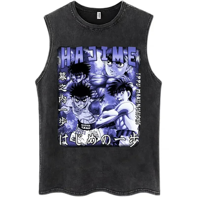 Anime Hajime No Ippo Kamogawa Boxing Gym Washed Sleeveless T-Shirt Makunouchi KGB T-Shirts Men Women 100% Cotton Tank Tops Male
