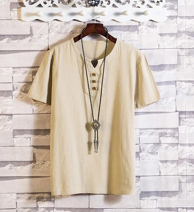 Men's Button Loose Shirts Casual Male V Neck Short Sleeve Harajuku Linen T-shirt Tops ZJFS-1901
