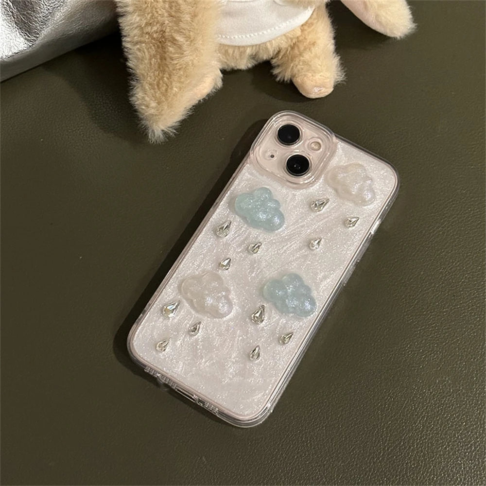 INS Cute Plating Raindrop Cloud Glitter Phone Case For iPhone 16 15 14 13 Pro Max 12 11 X XS XR Korea Lens Protection Soft Cover